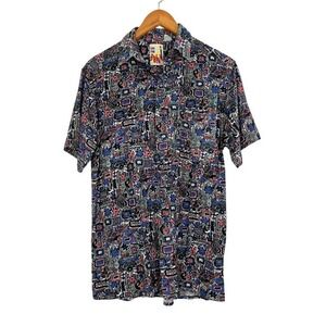 On The Brink Vintage Abstract Print Rayon Shirt Sz M 90s Short Sleeve Button Up‎